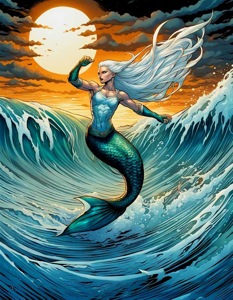 Albino Mermaid Soaring in a Comic Book Art Style