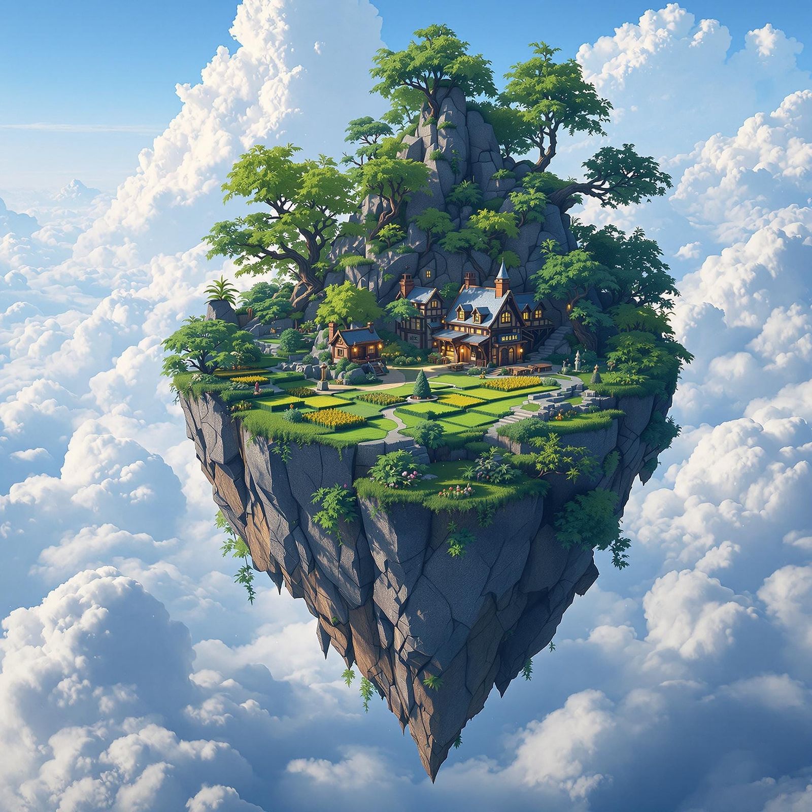 Floating Island Inn with Lush Greenery and Lantern-Lit Windo...