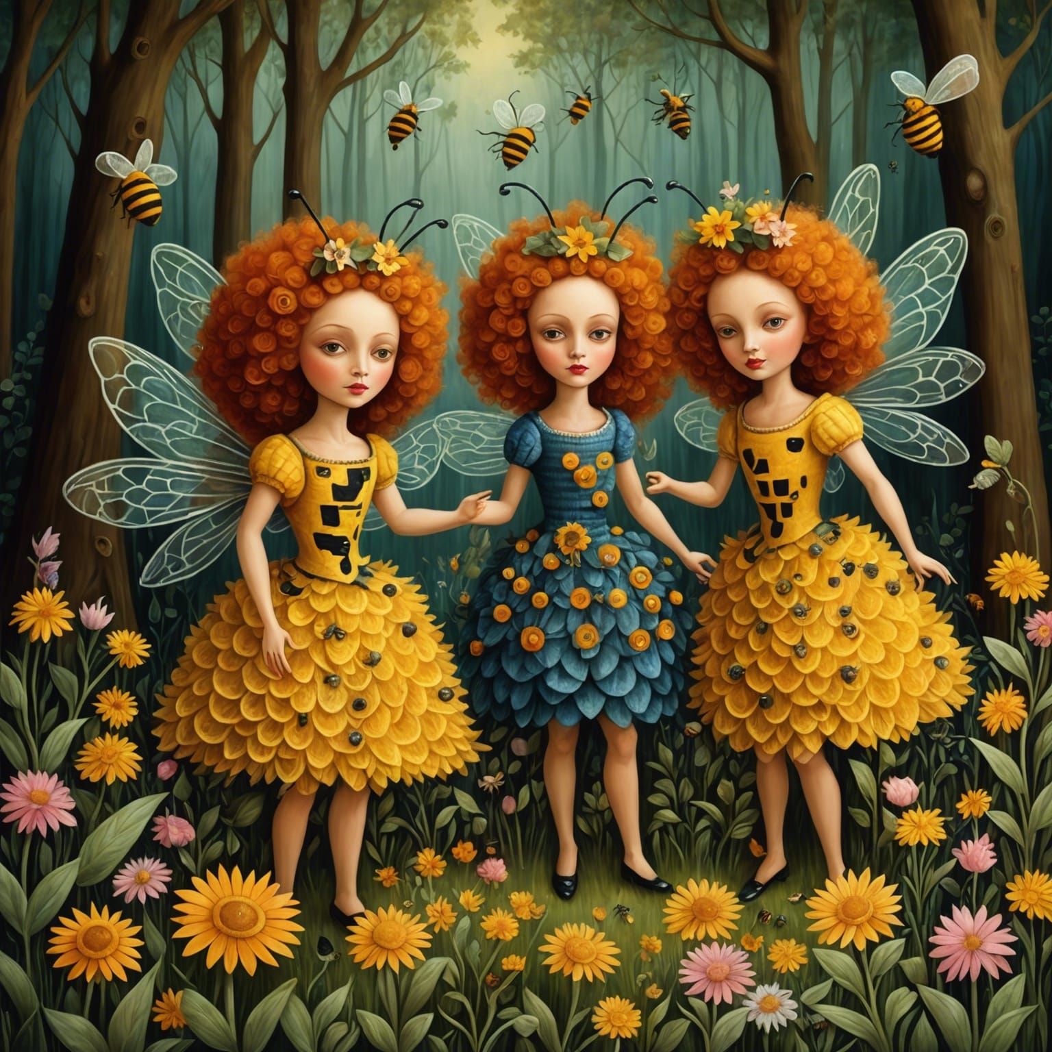 Forest Nymphs and Honeybees in Naive Surrealist Style