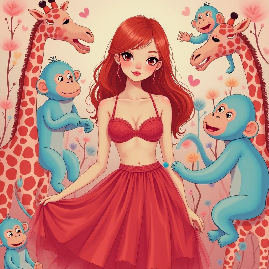 Kawaii Woman in Pastel Zoo, Murakami-Inspired