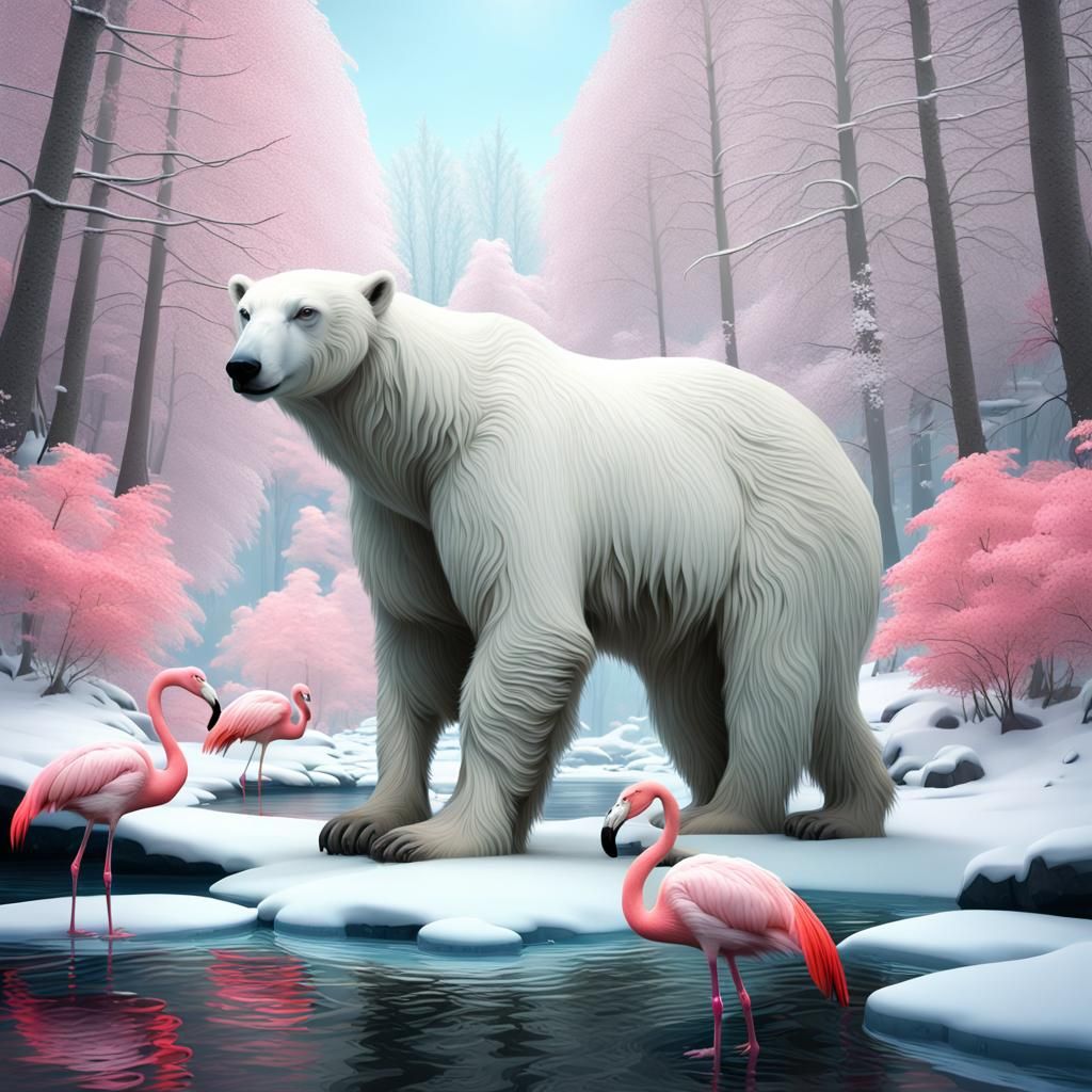 Polar bear and flamingo in a snowy forest