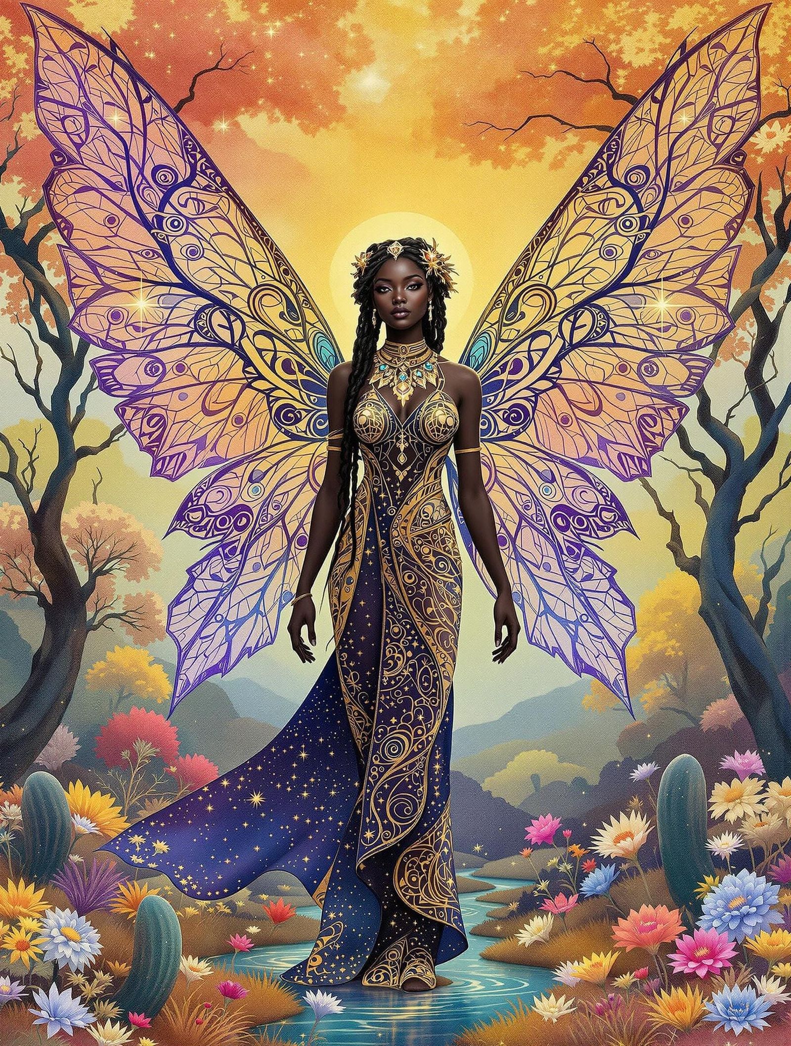 Elegant Ebony Fairy in Vibrant Grove