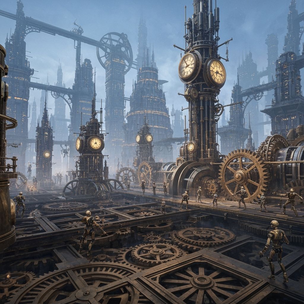 Clockwork Metropolis Under Twilight Sky