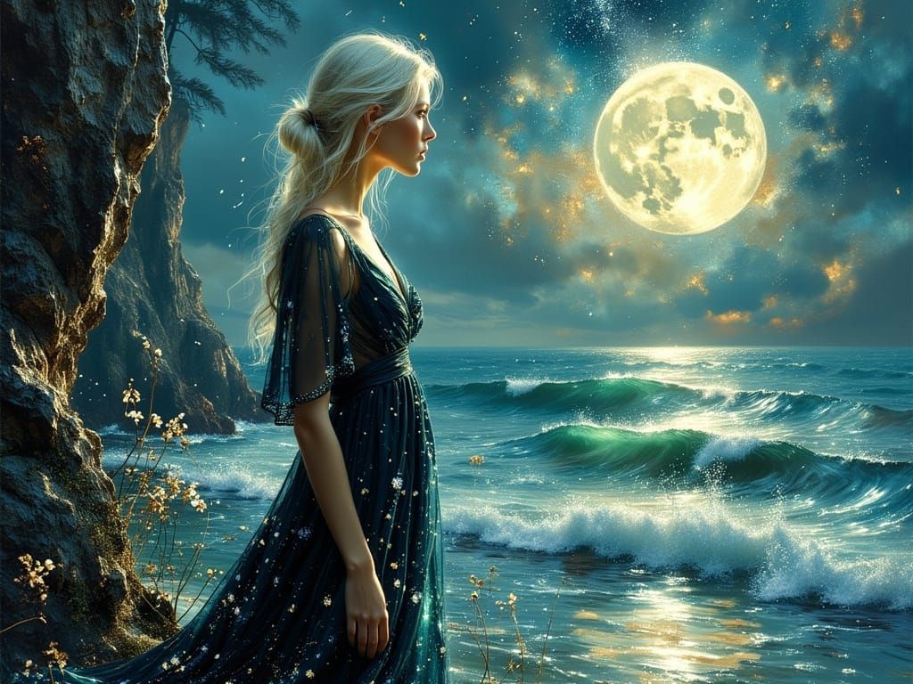 Surreal Platinum Goddess Amidst Celestial Whirlwinds