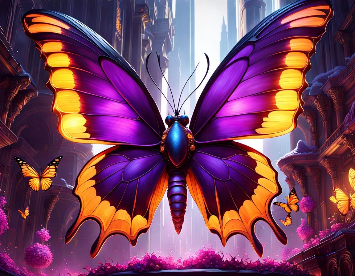Cyberpunk Floral Butterfly Digital Illustration