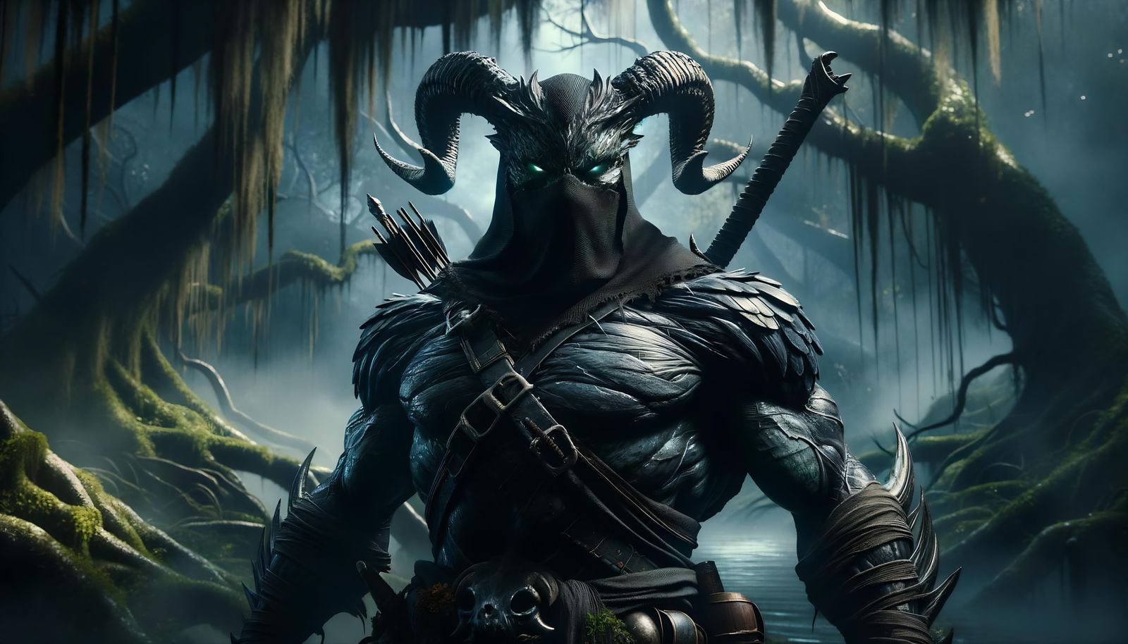 Menacing Blackscale Hunter in Ominous Swamp Environment