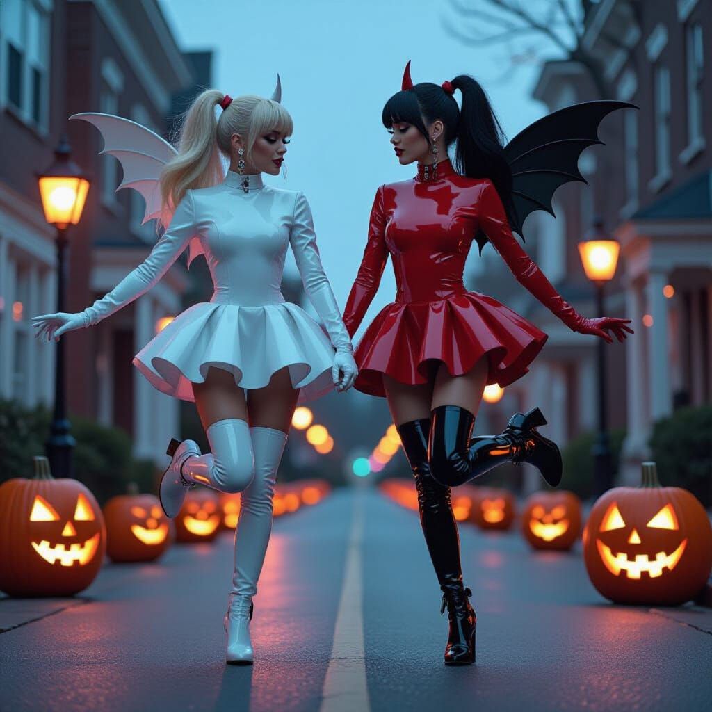 Woman Leaps Past Jack-o'-Lanterns in Dual-Tone Latex