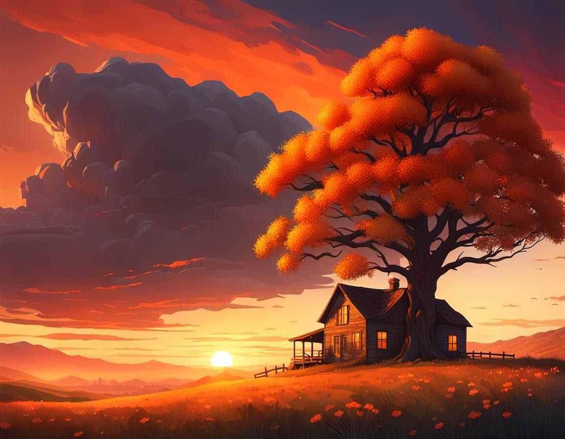Lone Tree Sunset: Surreal Low-Poly Digital Painting