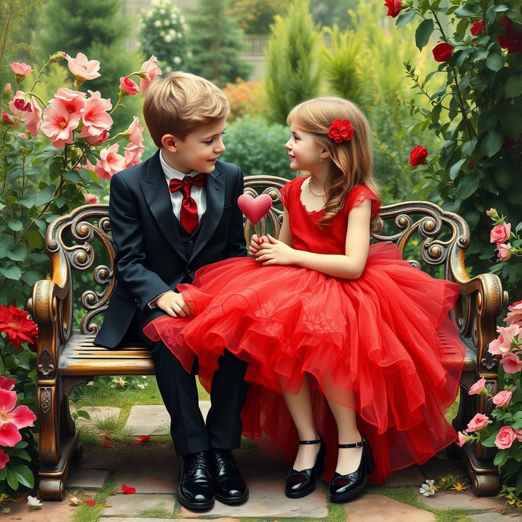 Young Lovers in Valentine's Day Attire, Surrounded by Lush G...