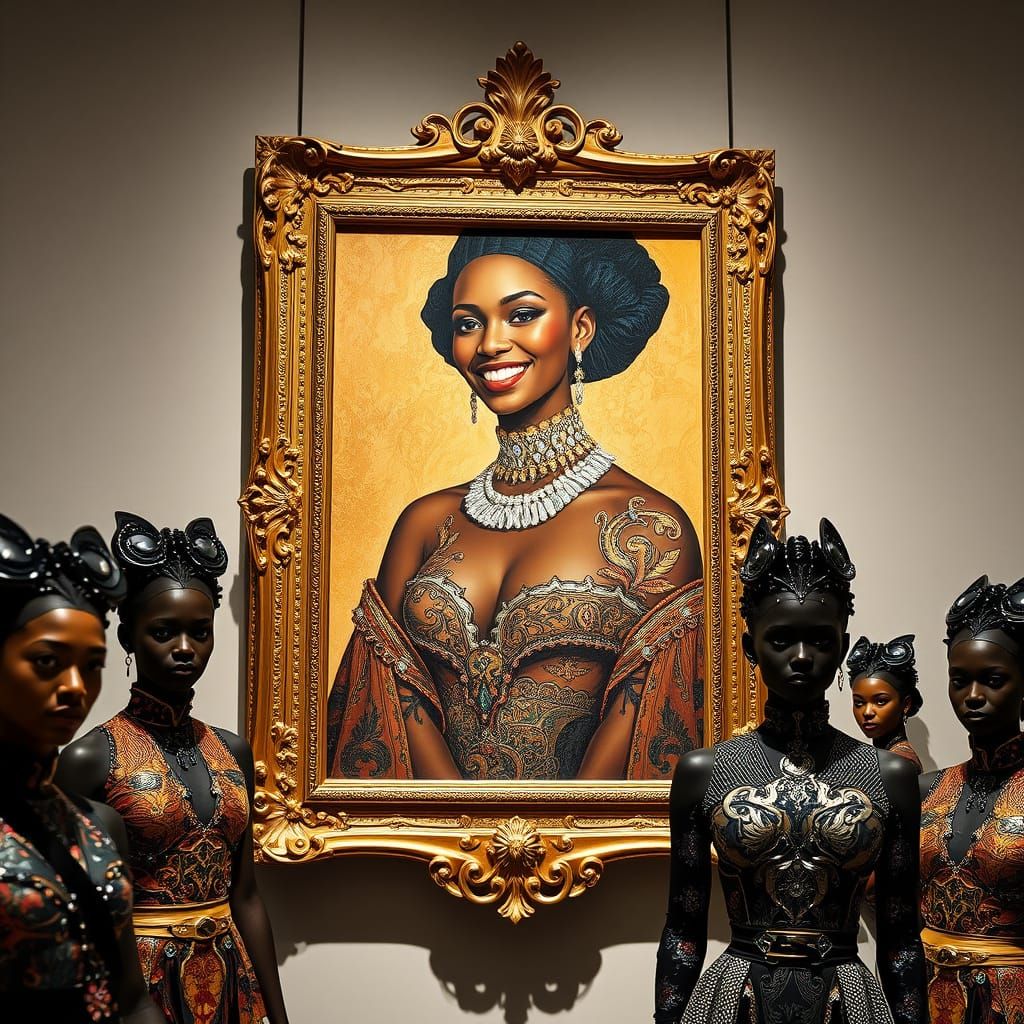 Smiling Woman in Lavish Dress, Art Nouveau Style