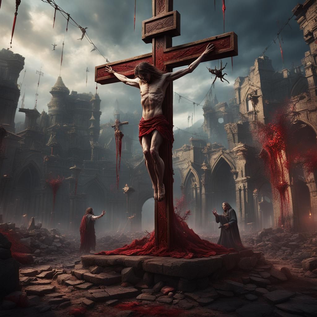 Woman Crucified: Detailed Matte Painting in Deep Color