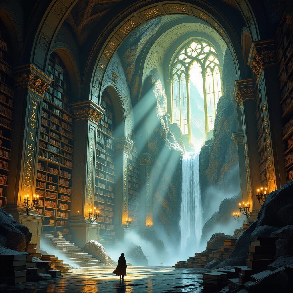 Ancient Mountain Library with Glowing Runes and Waterfalls