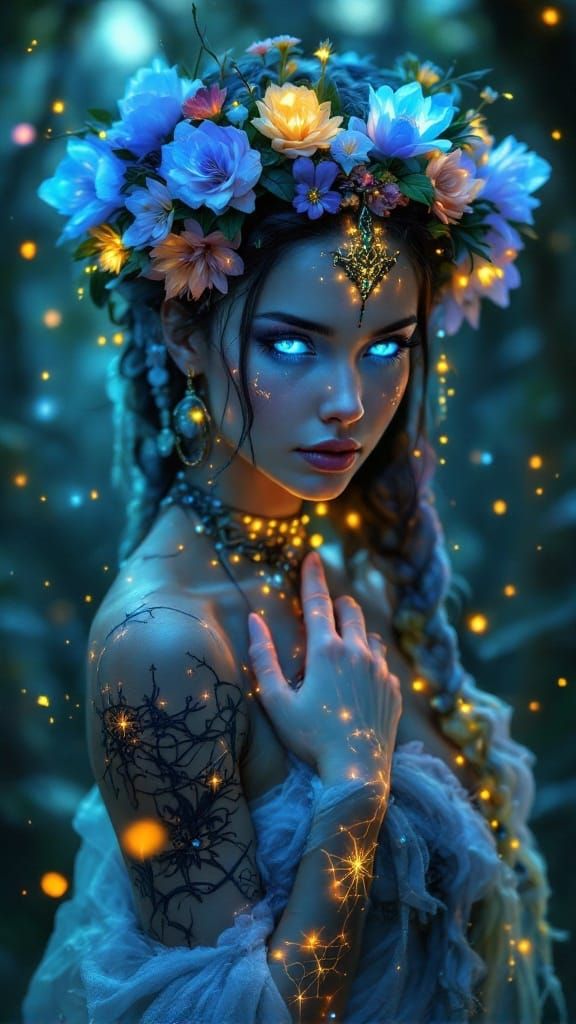 Ethereal Shamanic Goddess with Glowing Tattoos and Floral He...