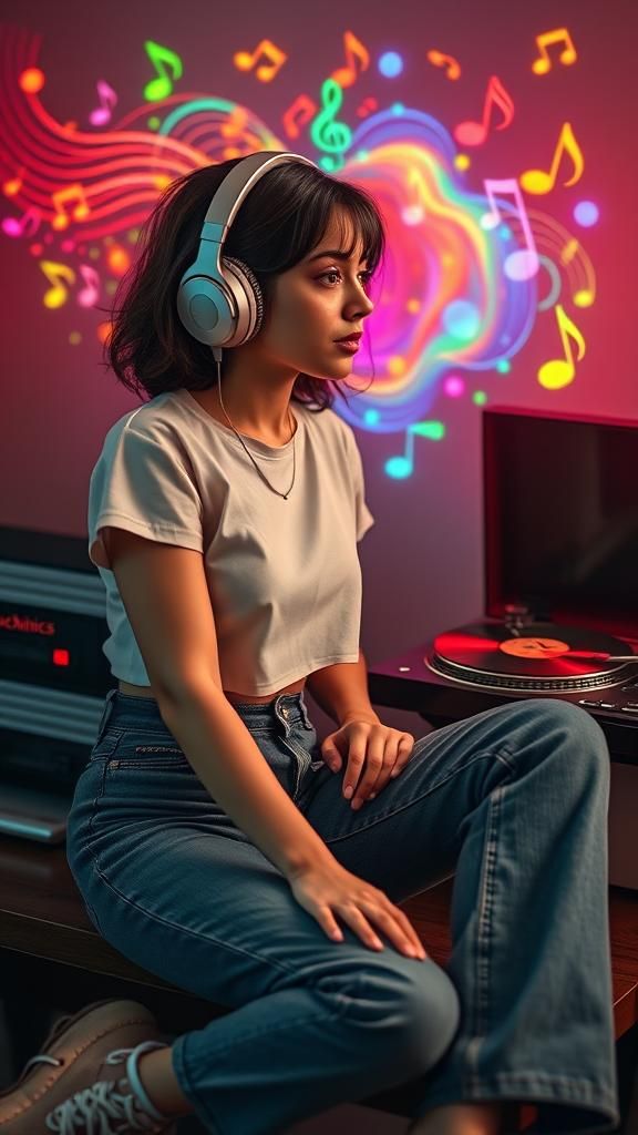 Woman Immersed in Music with Vinyl Record