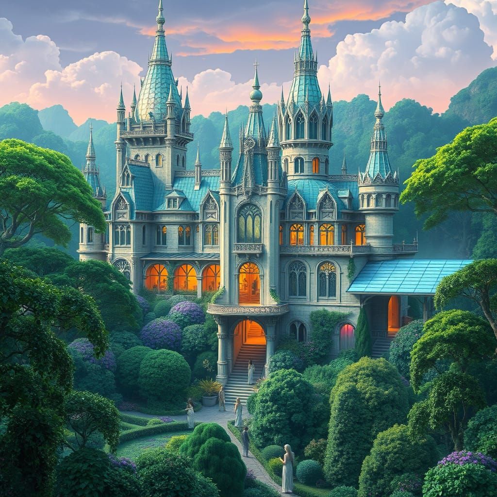 Solarpunk Castle with Art Nouveau Influences and Iridescent....