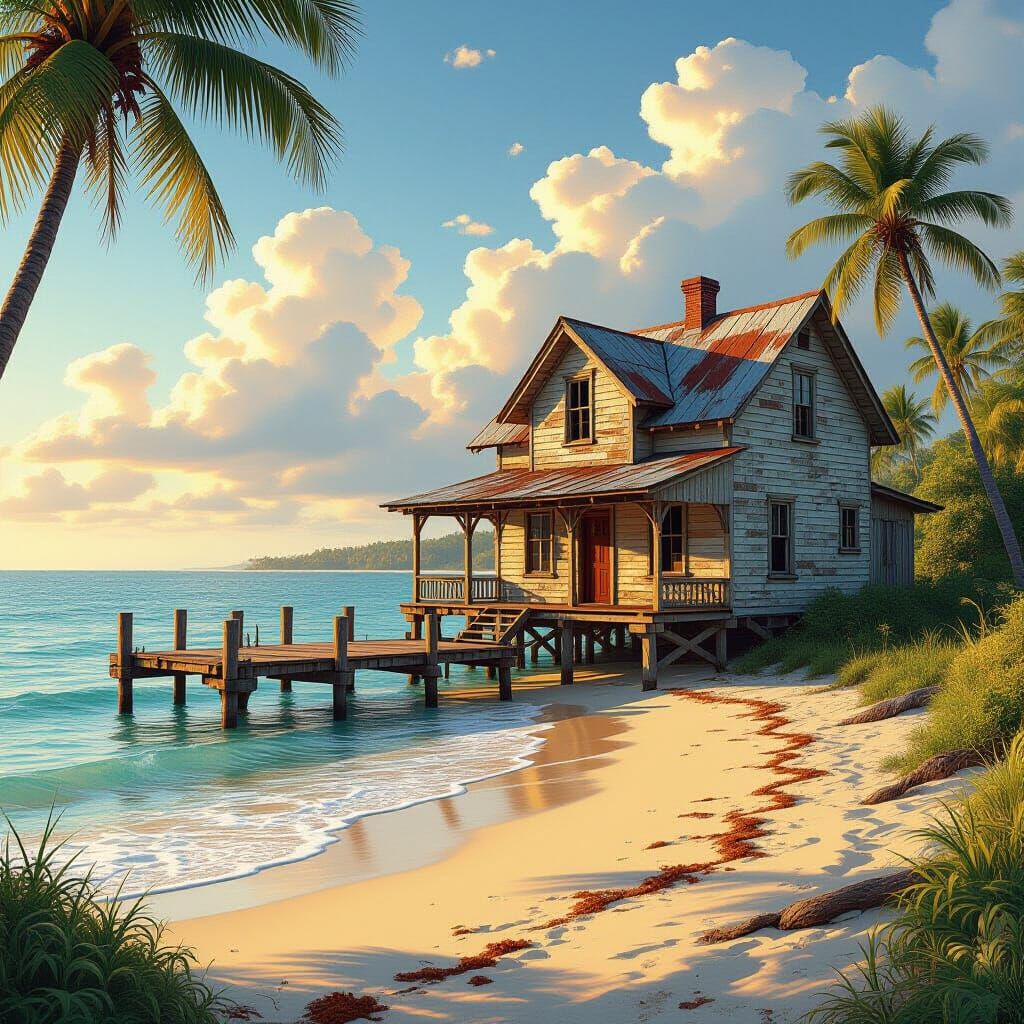 Dilapidated Beach House at Golden Hour Concept Art