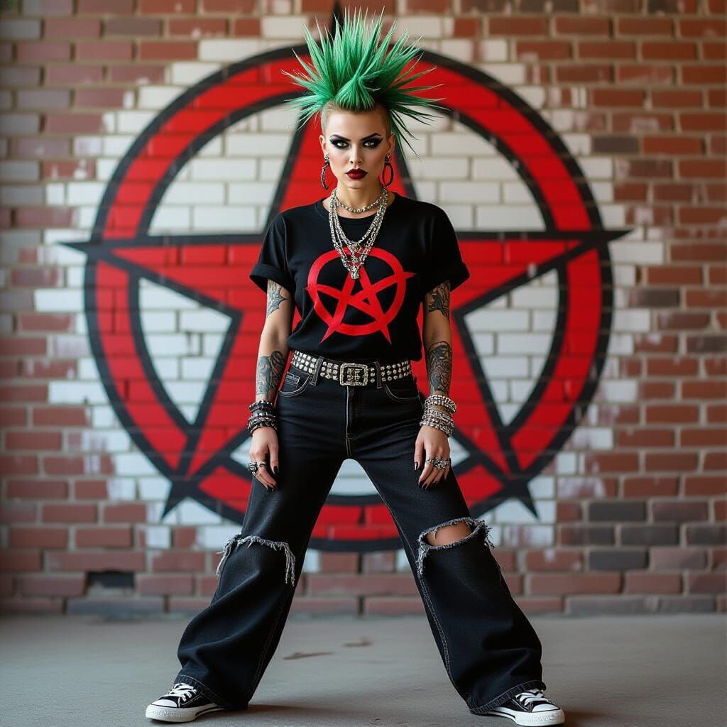 Punk Woman with Green Mohawk in Cityscape