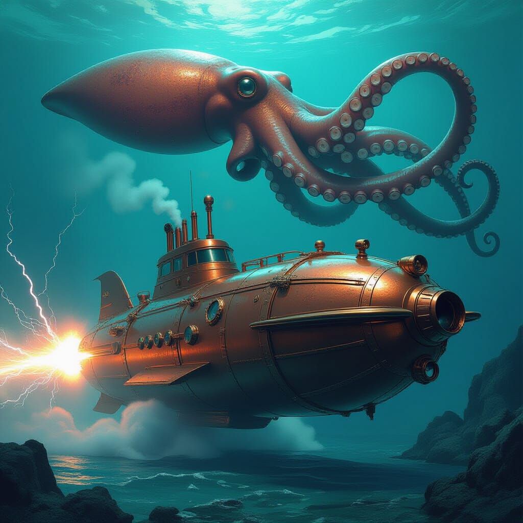 Steampunk Submarine Battles Giant Squid in Electric Fury