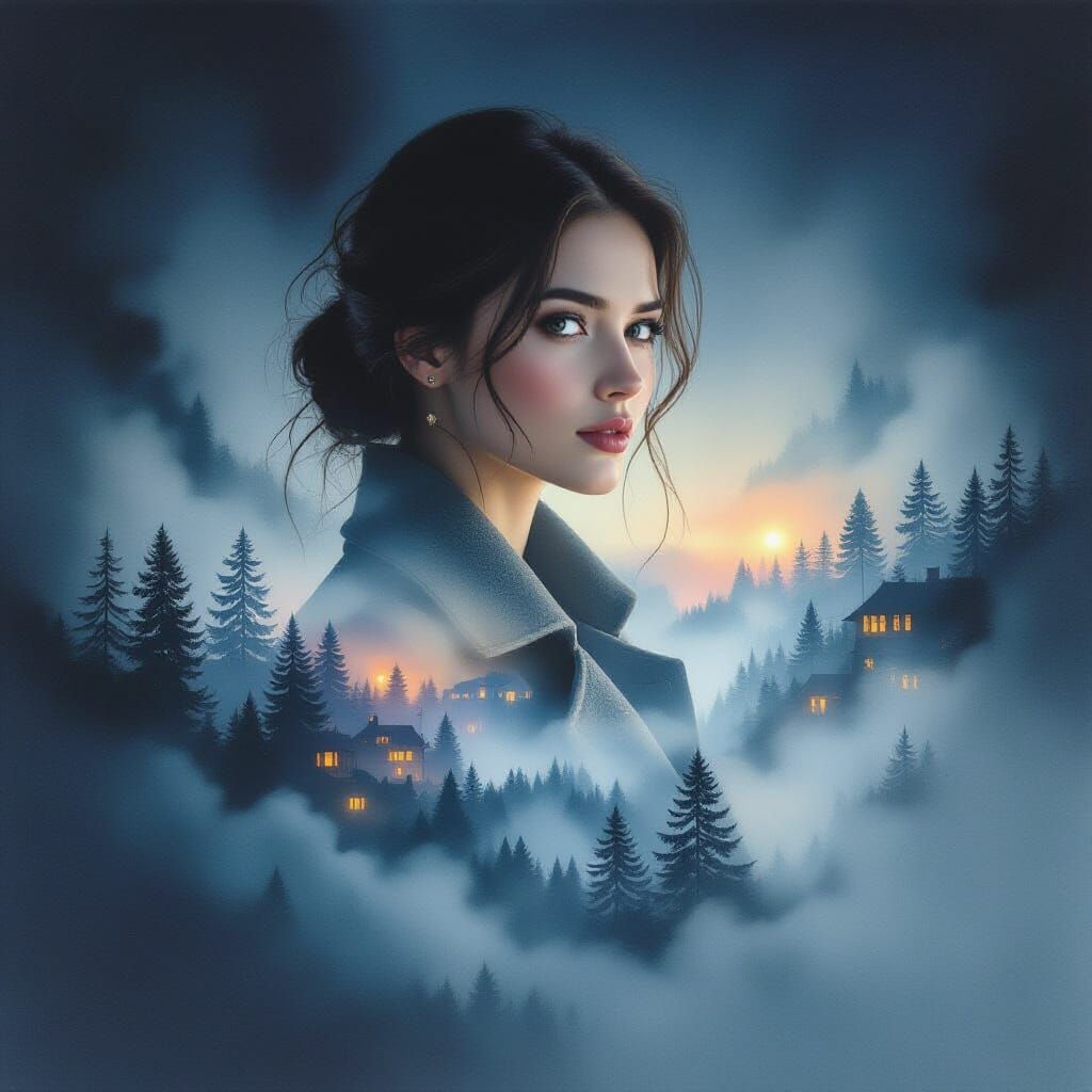 Ethereal Double Exposure Portrait of a Woman in Mist