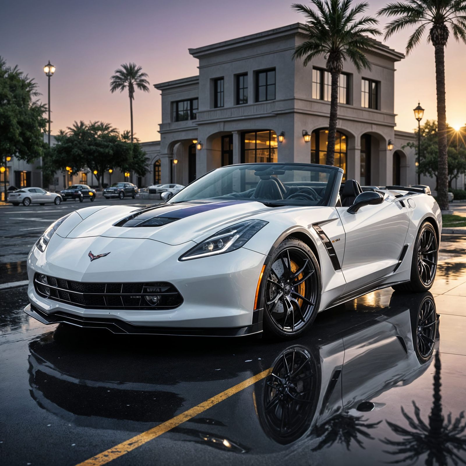 Hyperrealistic White Corvette Convertible with Purple Accent...