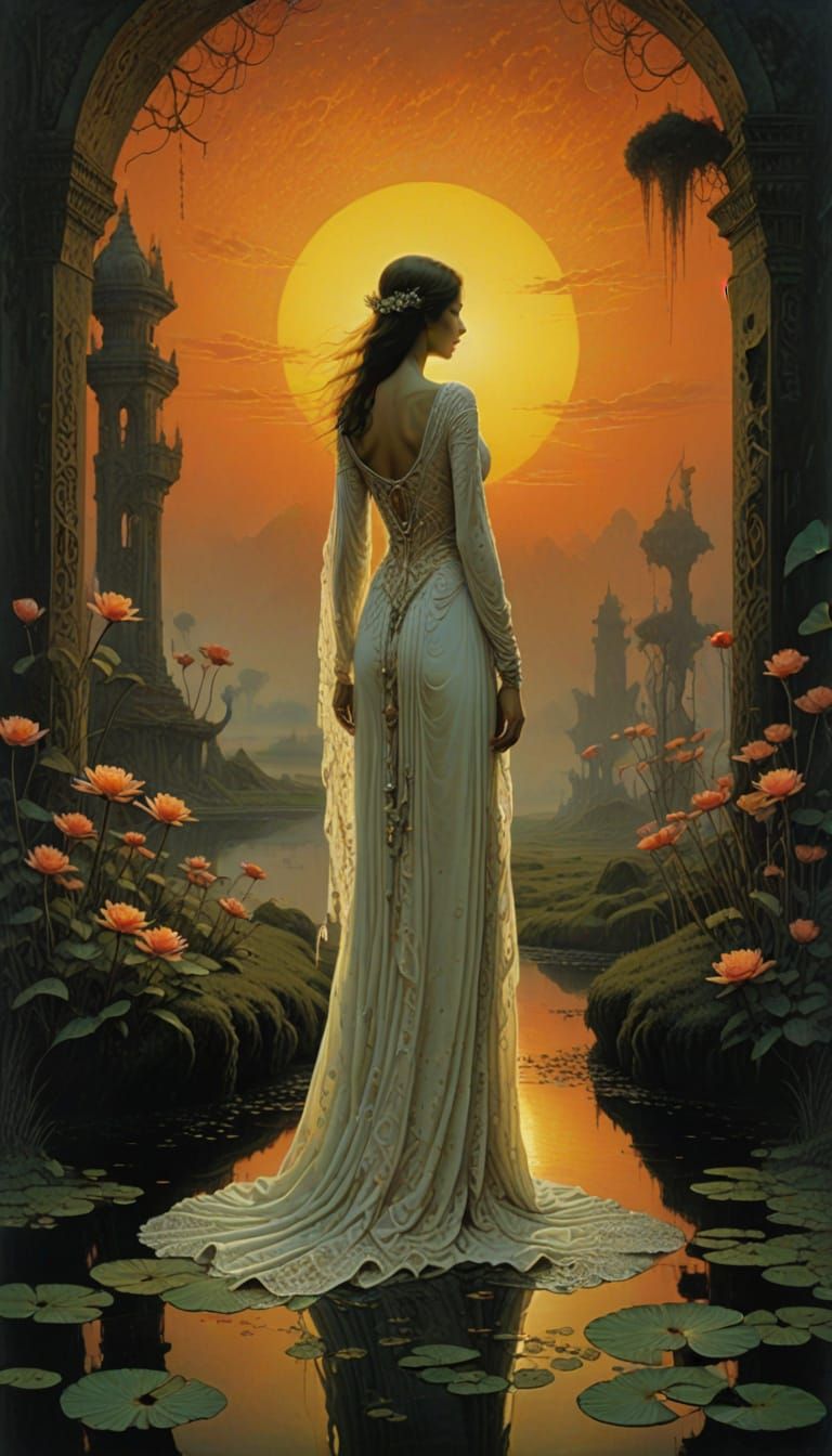 Romantic Surrealist Goddess Approaches Blazing Shrine