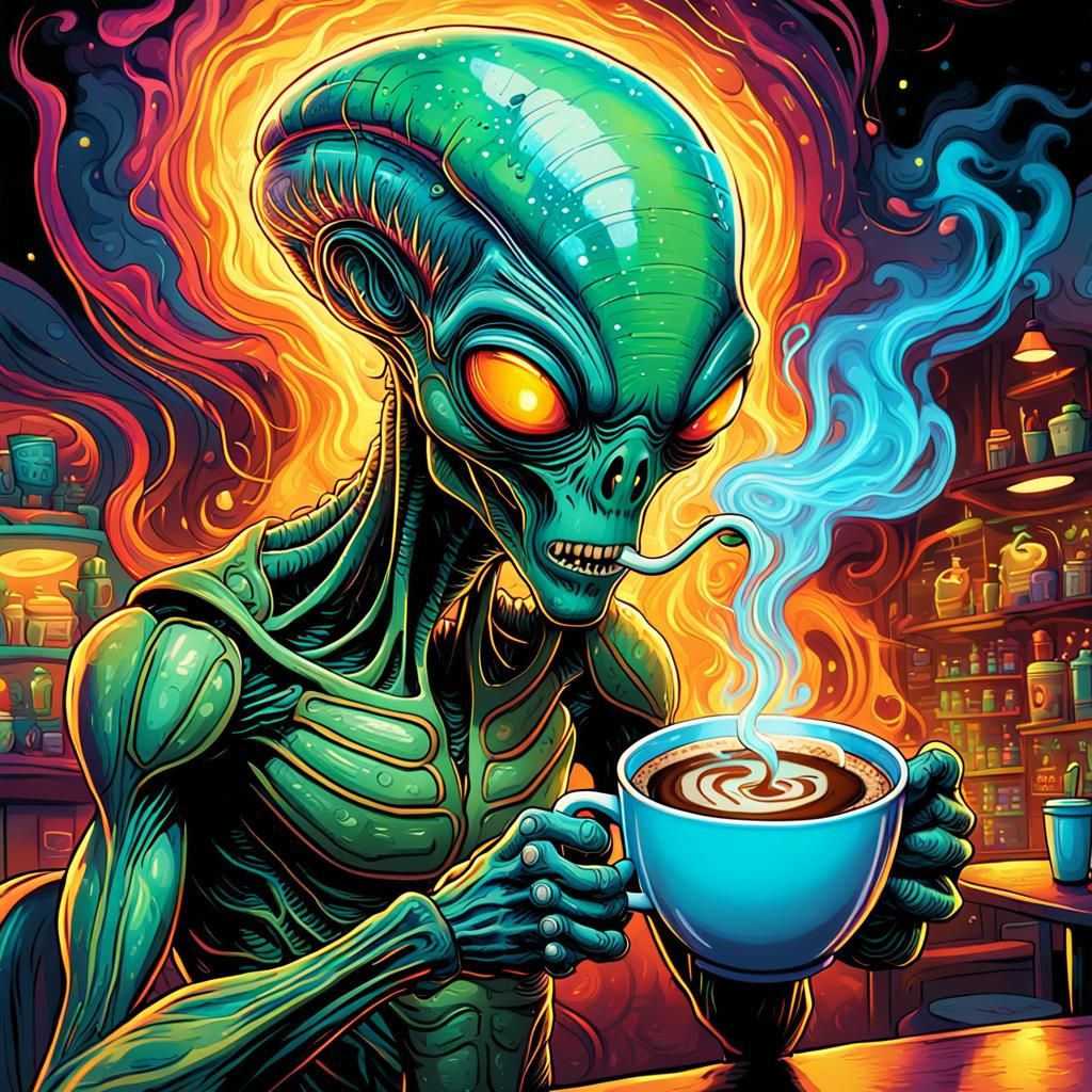 Alien's Coffee Break: Digital Comic Art in Vibrant Cafe
