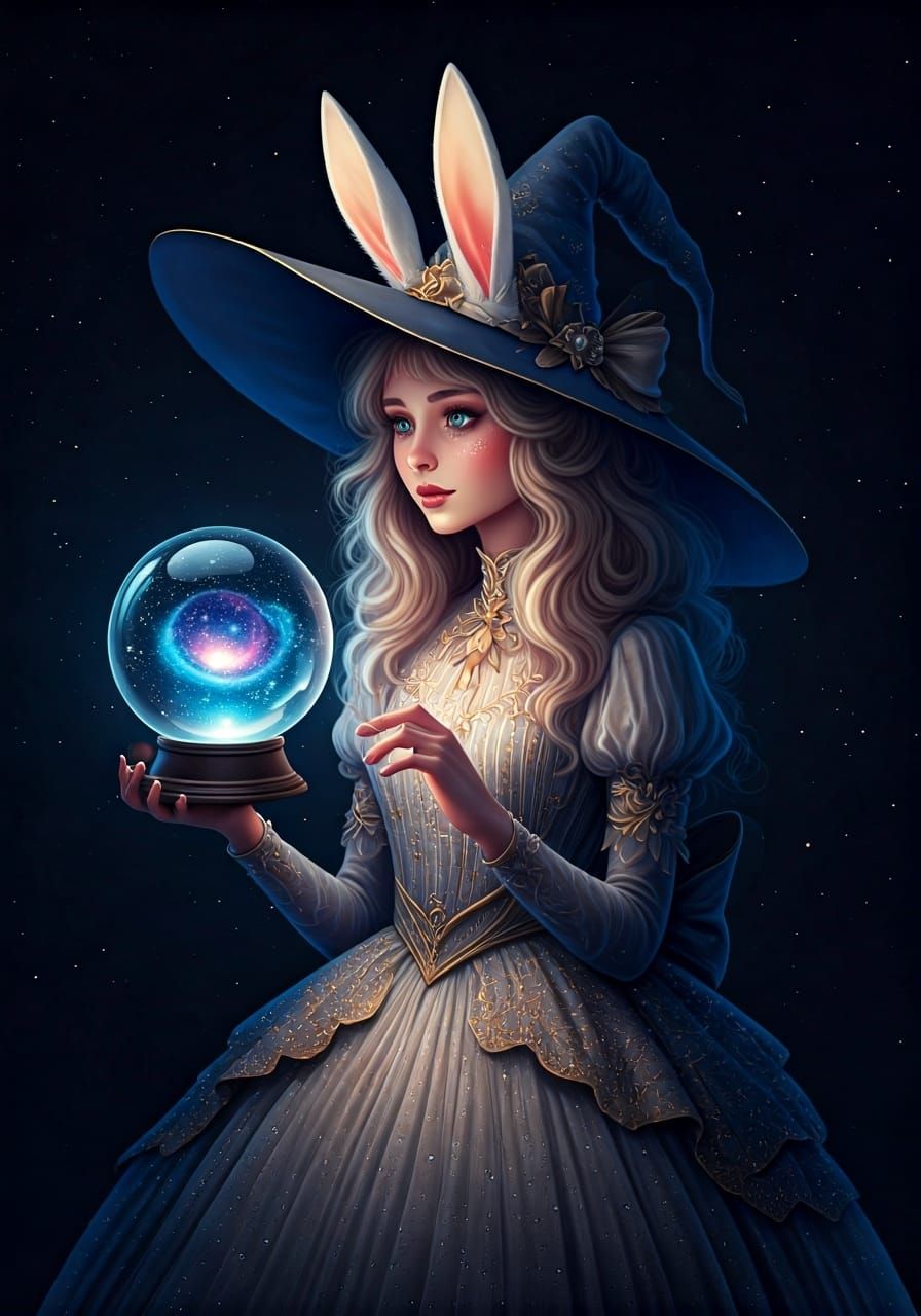 Whimsical Witch Captures Galaxy in Crystal Ball