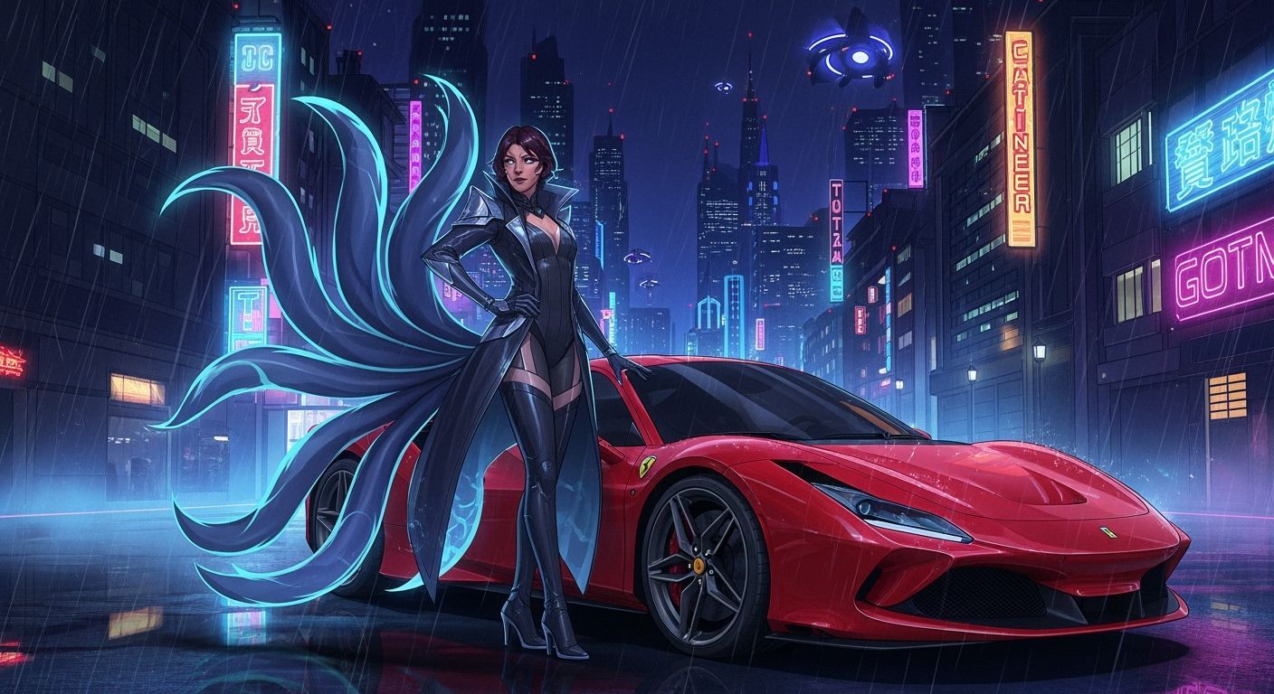 Ahri in Gotham City with Ferrari: Cyberpunk Neo-Noir