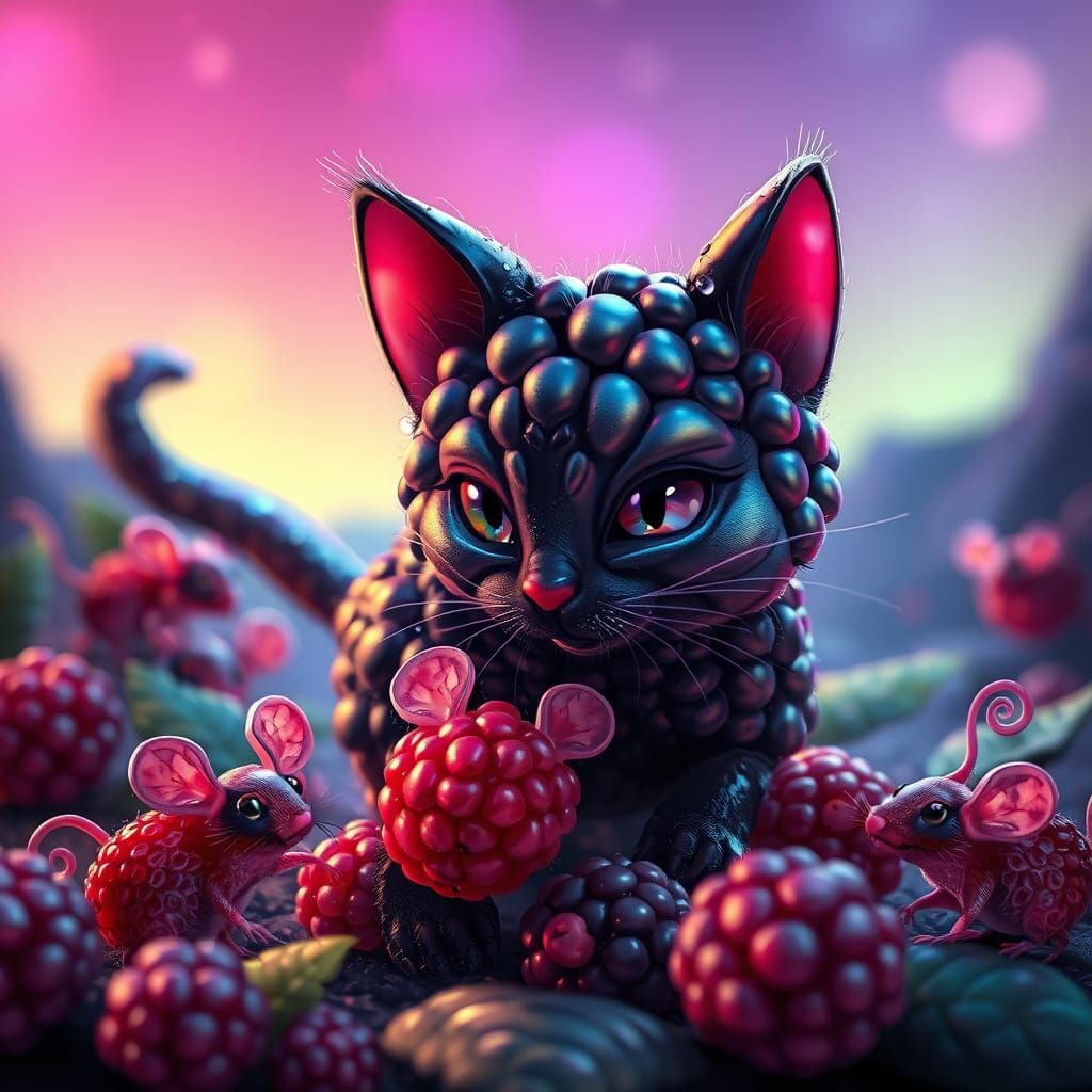 Whimsical Blackberry Cat Hunts Raspberries in Vibrant Hyperr...