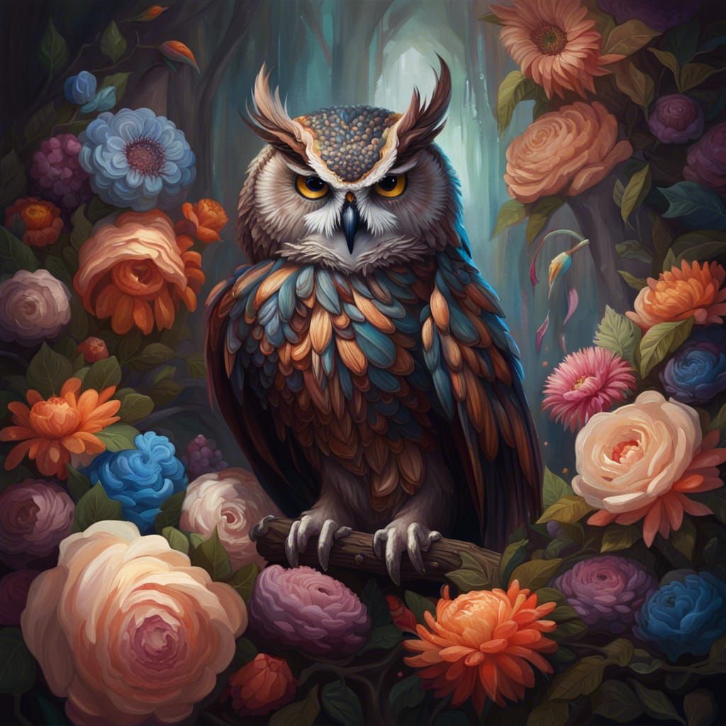 Intricate Fantasy Owl Among Colorful Flowers