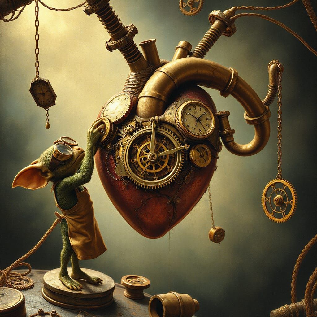 Gremlin Repairs Clockwork Heart in Steampunk Style