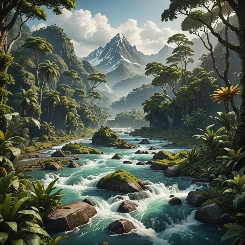 Lush Jungle River with Snow-Capped Peaks