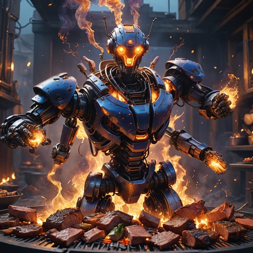 Robot Roasting Meat: Fantasy Art Style