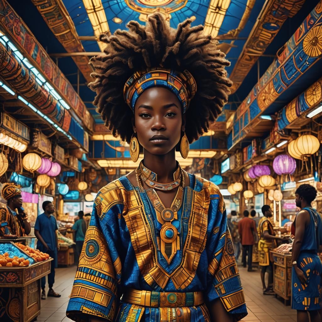 Afrofuturistic Woman in Neon Marketplace