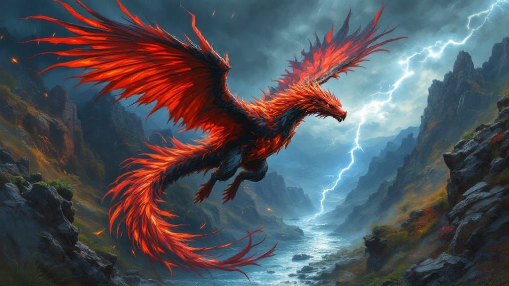 Majestic Phoenix Dragon Soars Through Stormy Canyon