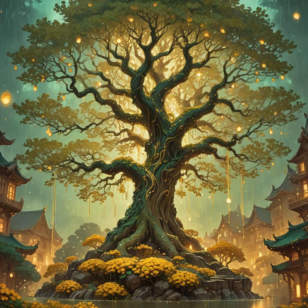 Majestic Tree in Golden Light: High Fantasy Art