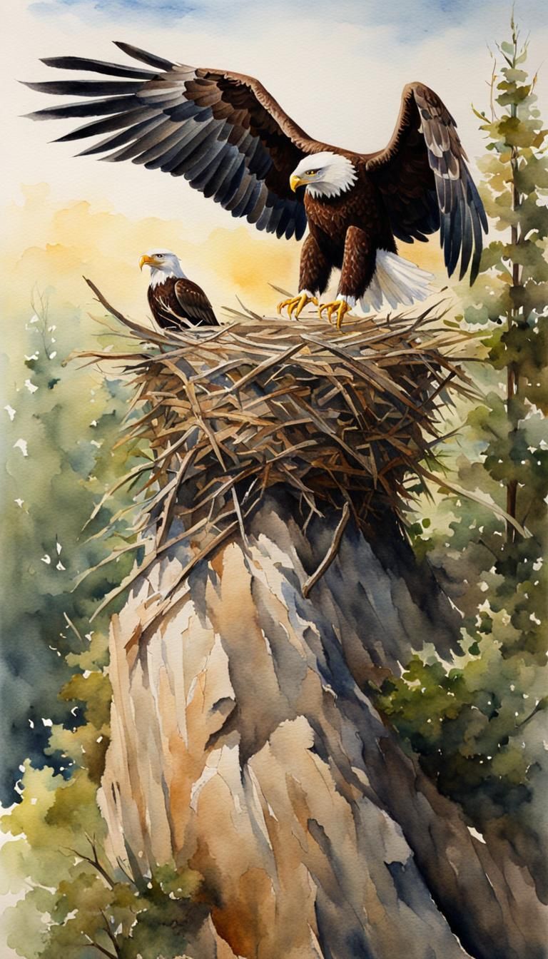 Watercolor Eagle Guarding Empty Nest
