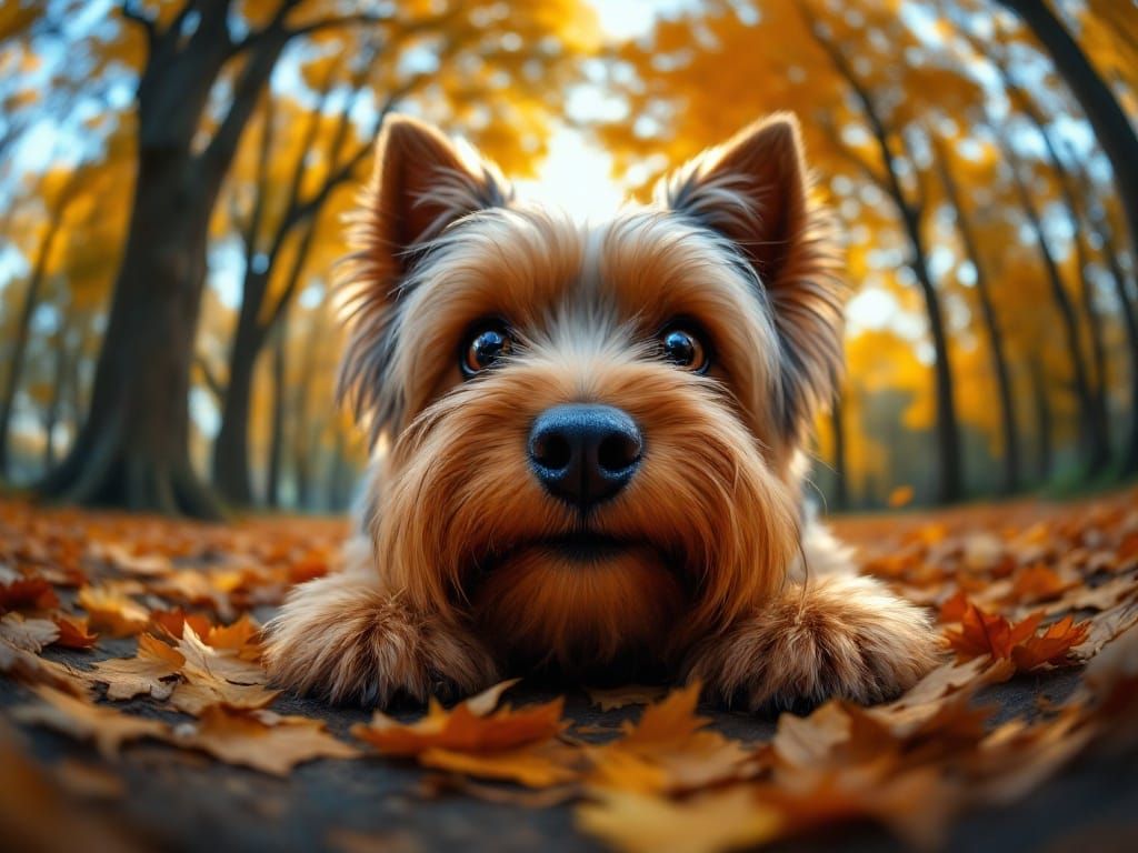 Dramatic Yorkshire Terrier in Fisheye Lens Autumn Scene
