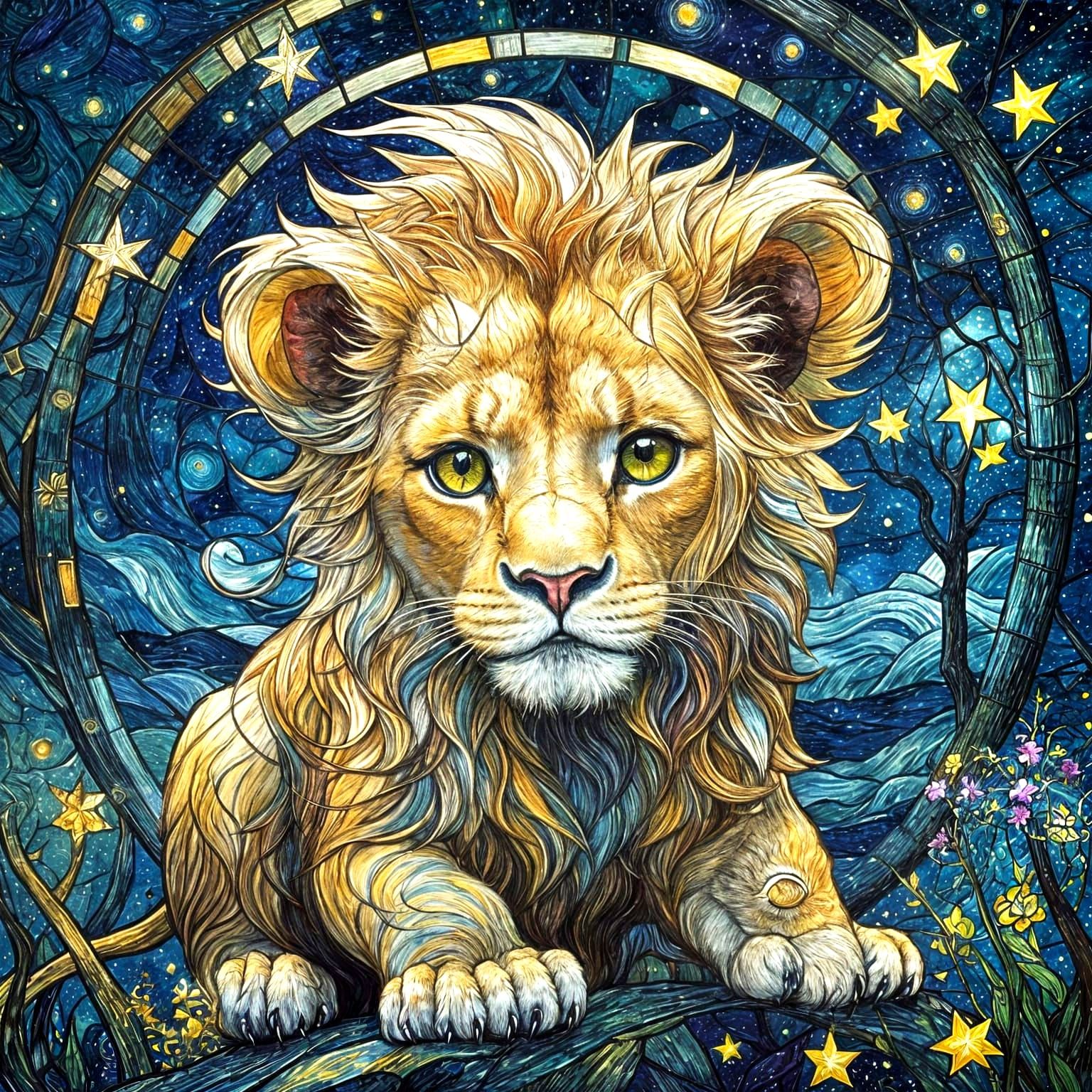 Chibi Lion in Starry Stained Glass Style