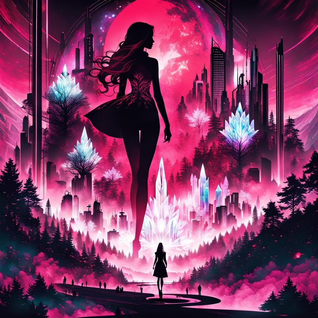 Surreal Tea Cup Merging Forest and Cyberpunk City