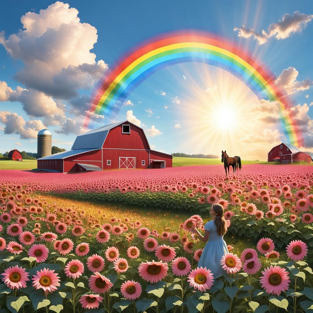 Pink Sunflowers, Barn, and Girl in 3D Artwork
