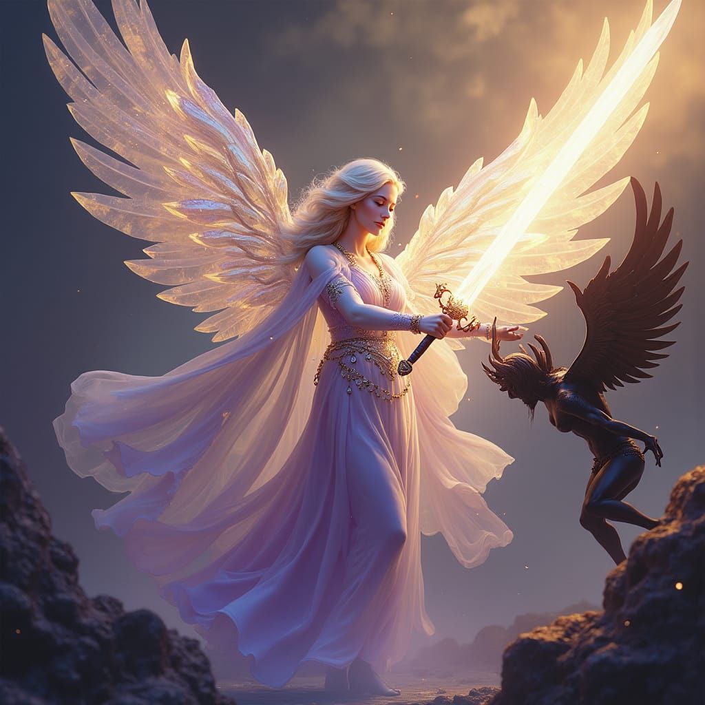 Crystalline Angel Strikes Down Demon in Dark Fantasy Art