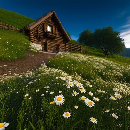 Log House in Daisy Field: Fantasy Concept Art