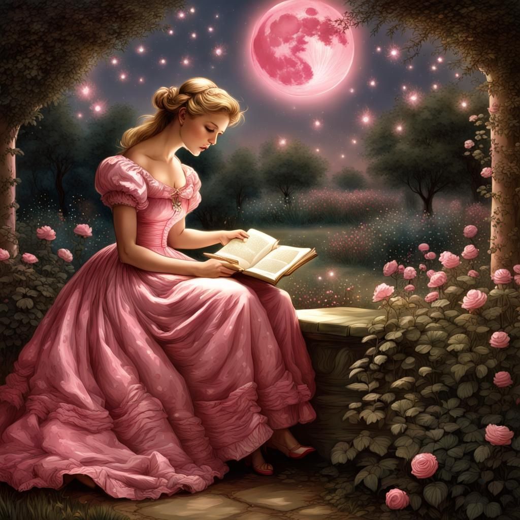 Woman Reading in Rose Garden Under Moonlight