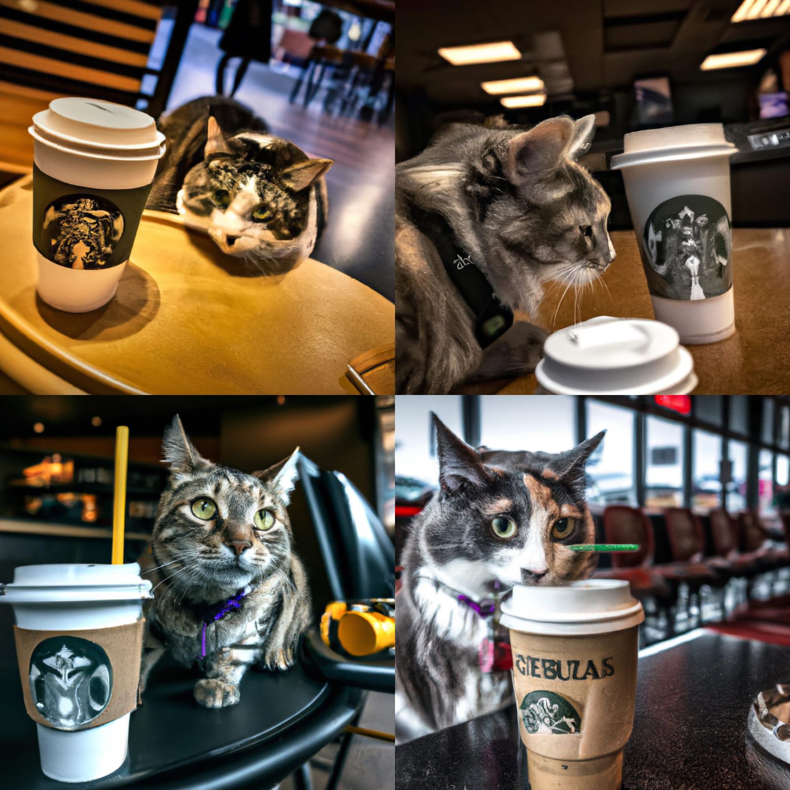 Hyperrealistic Cat Sipping Coffee at Starbucks