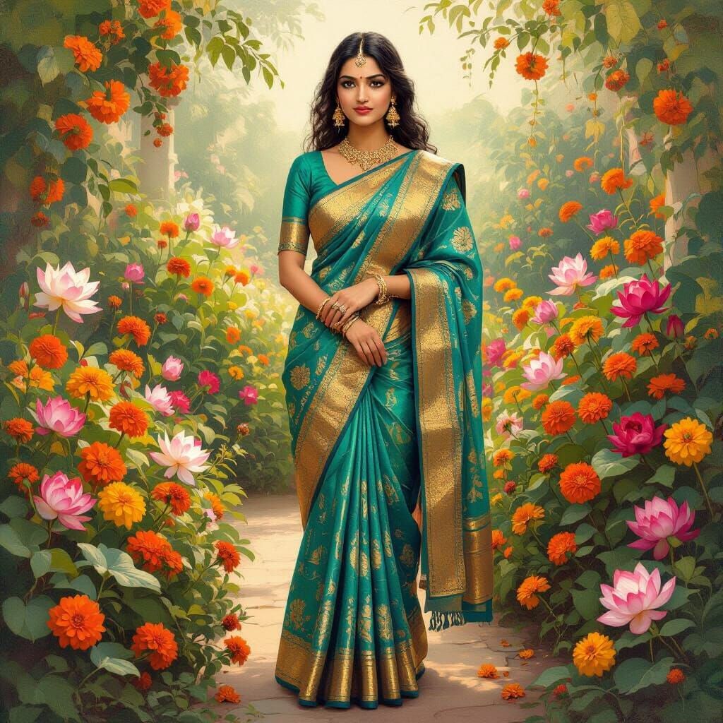 Indian Woman in Sari Amidst Lush Garden