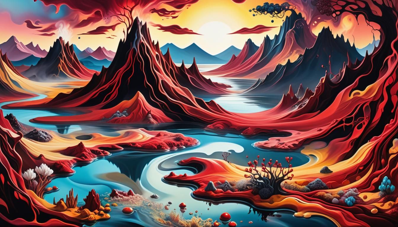Red Surreal Landscape with Alien Plants, Oil on Canvas