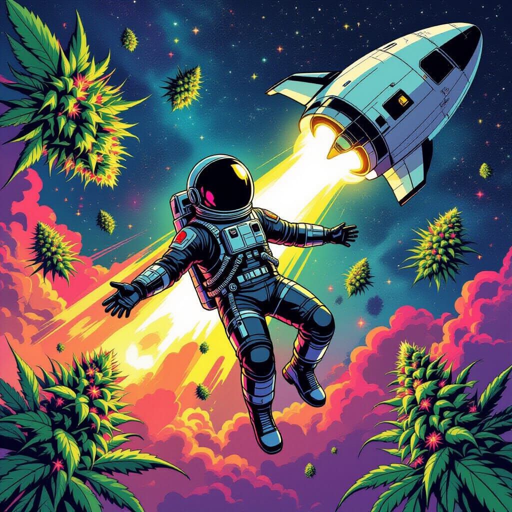 Astronaut in Space with Cannabis Shuttle, Comic Book Style