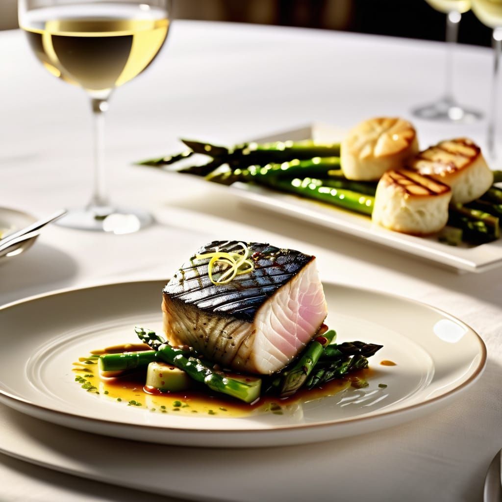 Fine Dining Still Life with Yellowfin Tuna and White Wine