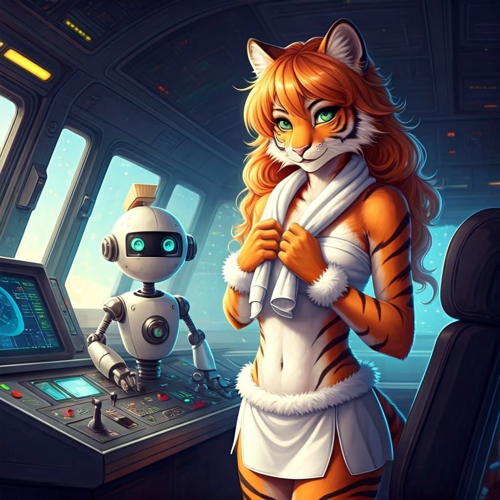 Anthropomorphic Tigress on Spaceship in Anime Style